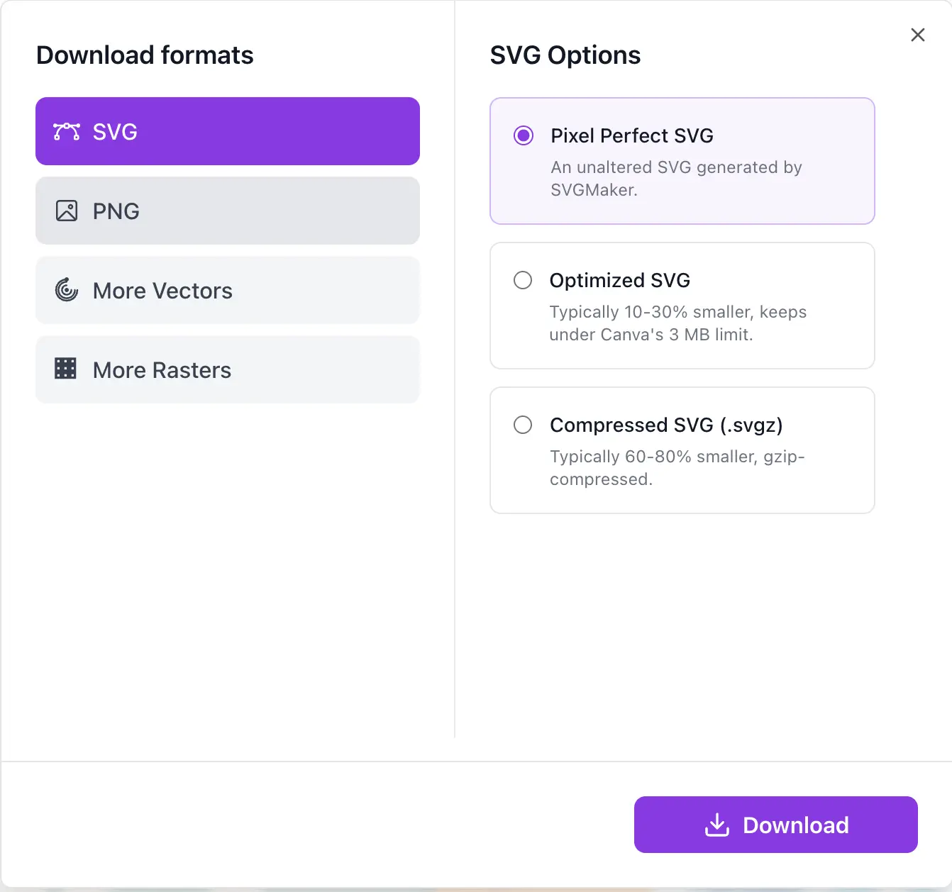 Download your work in vector formats (SVG, PDF, EPS, AI, DXF) for infinite scaling or raster formats (PNG, JPG, WebP) for the web. Our default is SVG, the web-standard for quality and flexibility.