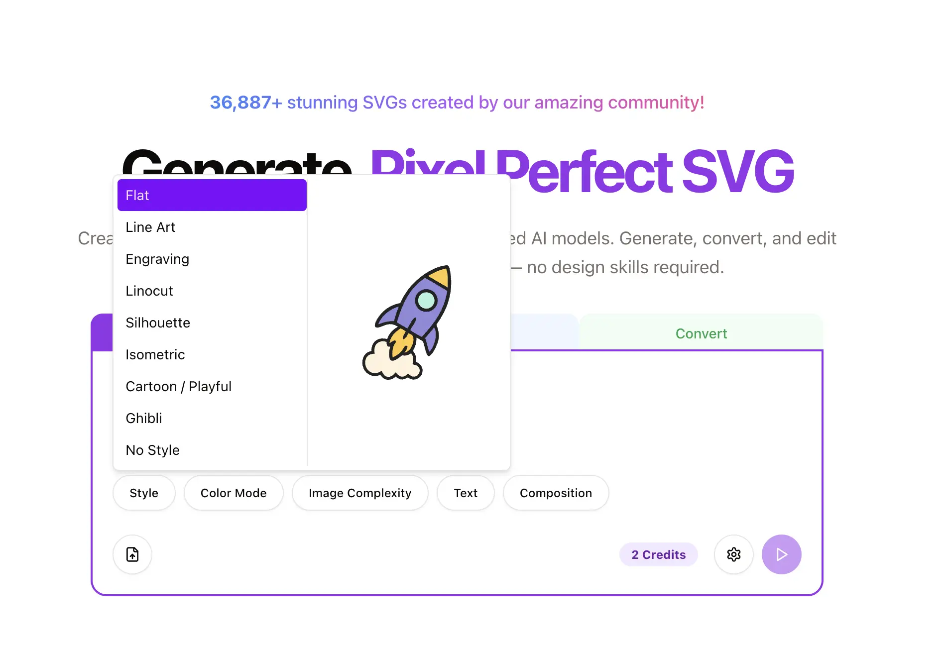 Apply styles to SVGs instantly with our SVG Style Generator. Choose from presets like Flat, Minimalist, Outline, Isometric, Linocut, Line Art, Engraving, Silhouette, Cartoon/Playful, and Gibli to create modern, creative vector graphics.